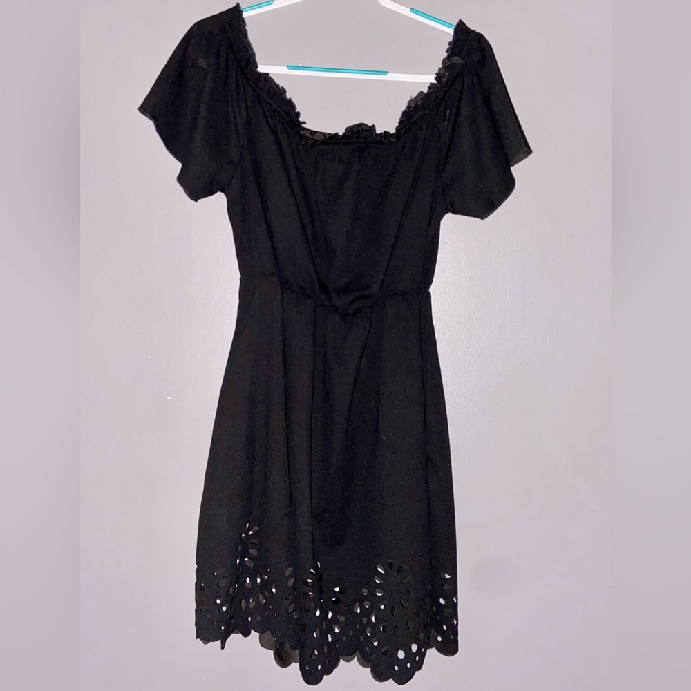 Off the shoulder, short black dress